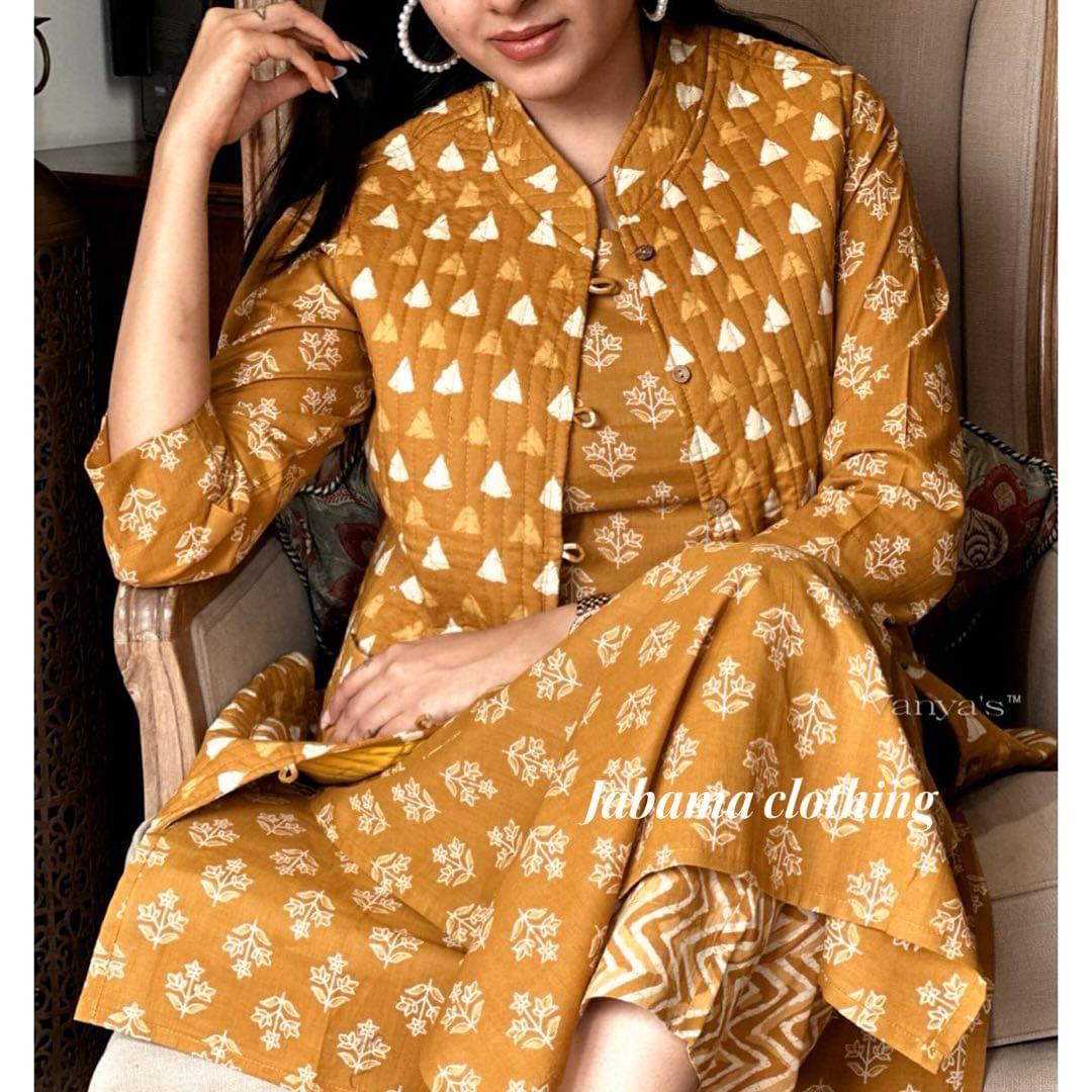 Lavani Stunning Reddish Brown Cotton Printed Long Kurti With Pant And Jacket Set