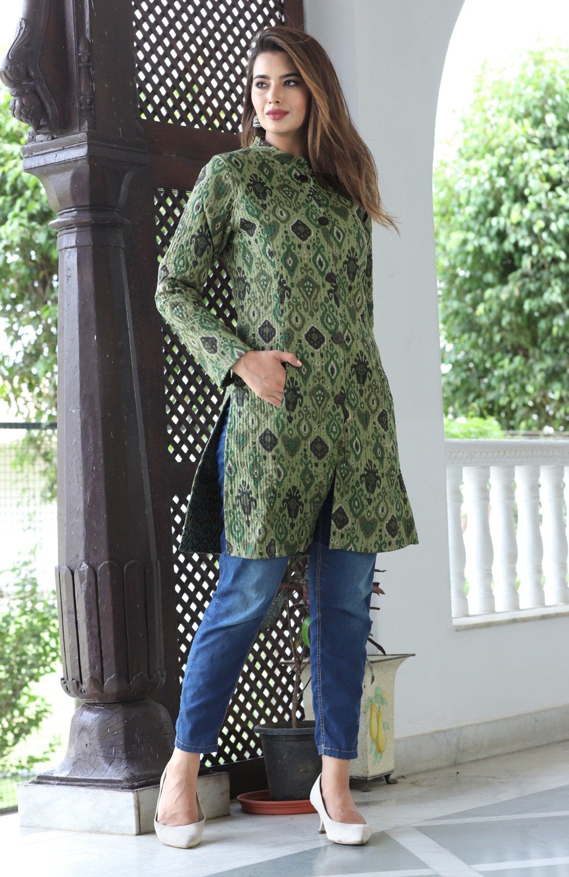 Reversible Cotton Printed Quilted Green Jacket for Women & Girls