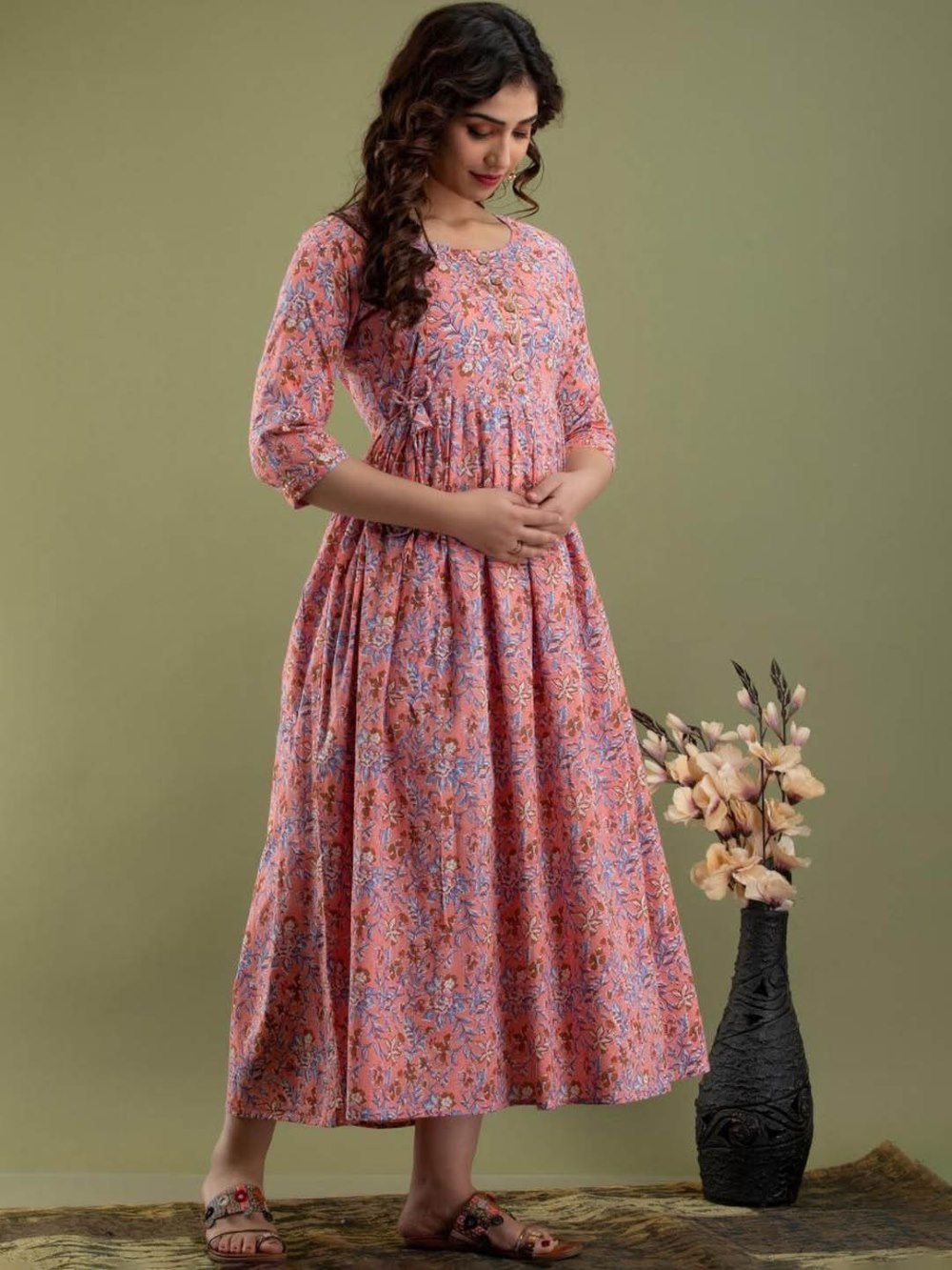 Prisha Stunning Floral Printed Round Neck Cotton Fit & Flare Maternity Midi Dress