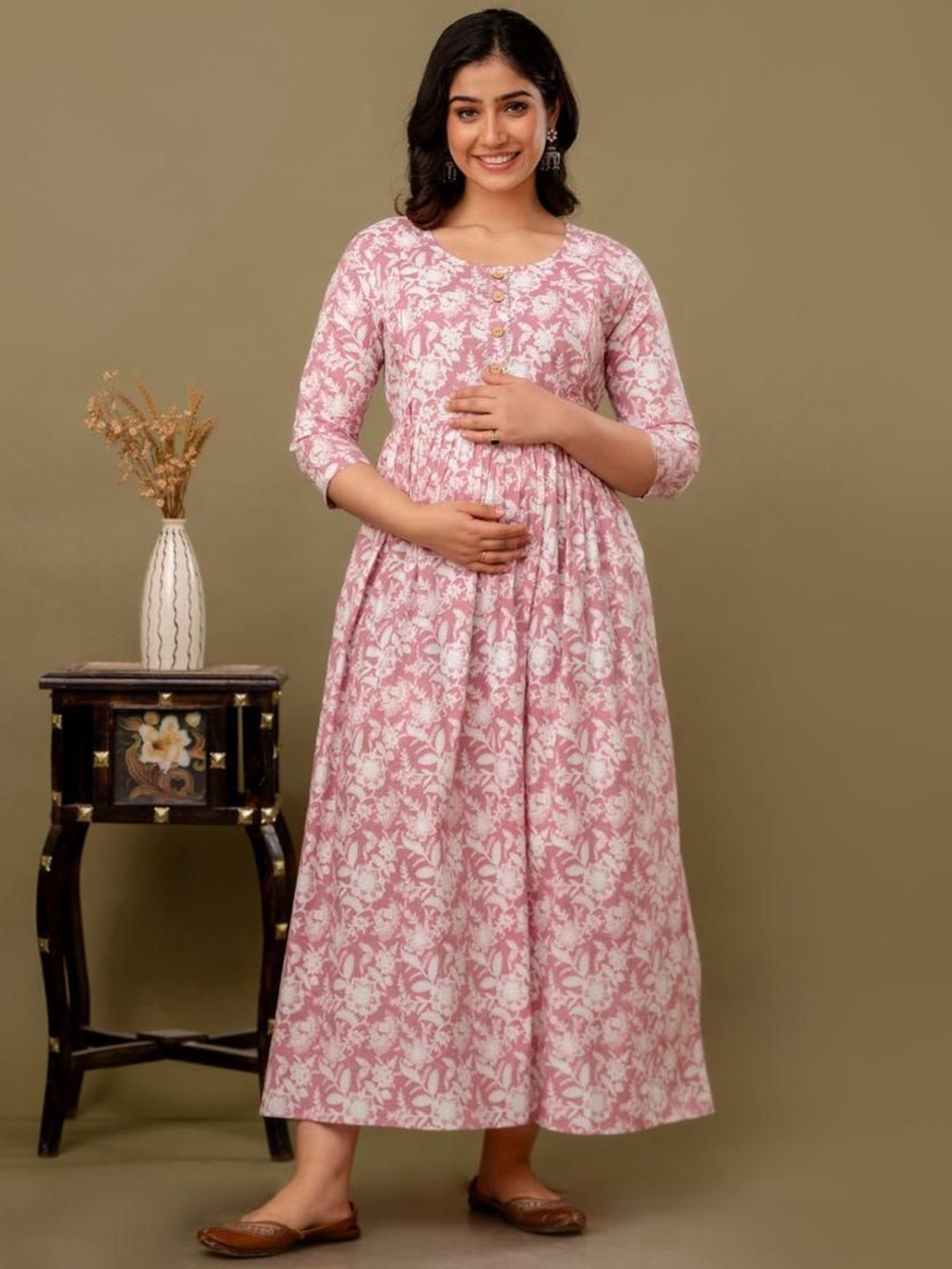 Keya Stunning Floral Printed Round Neck Cotton Fit & Flare Maternity Midi Dress