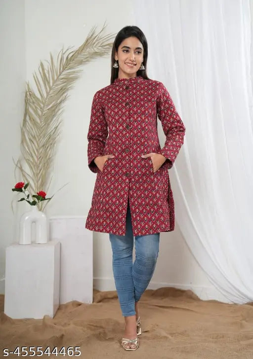 Reversible Cotton Printed Quilted Marron Jacket for Women & Girls