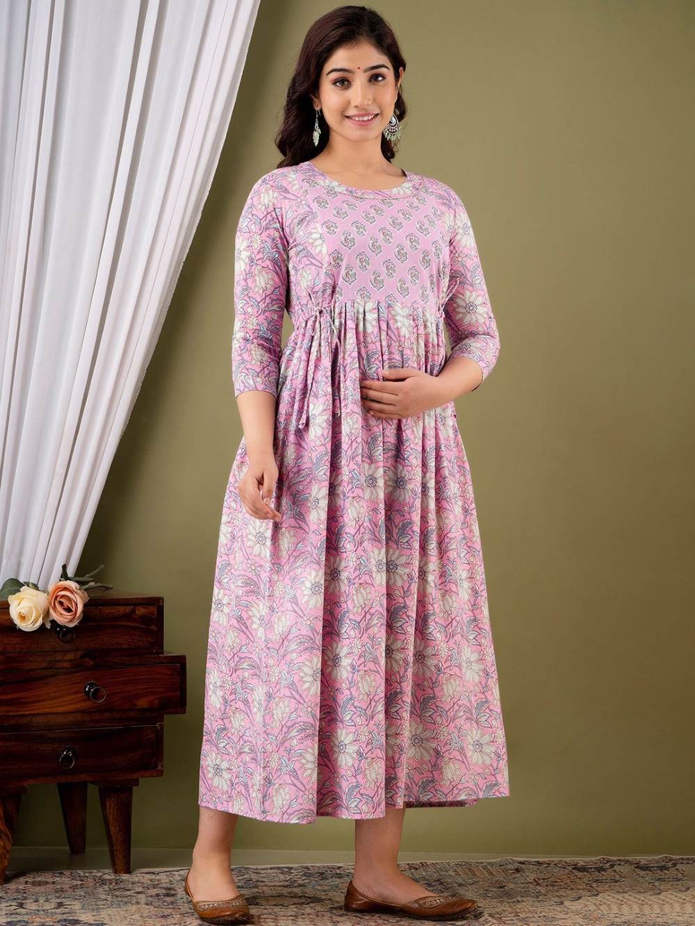 Rachita Stunning Floral Printed Round Neck Cotton Fit & Flare Maternity Midi Dress