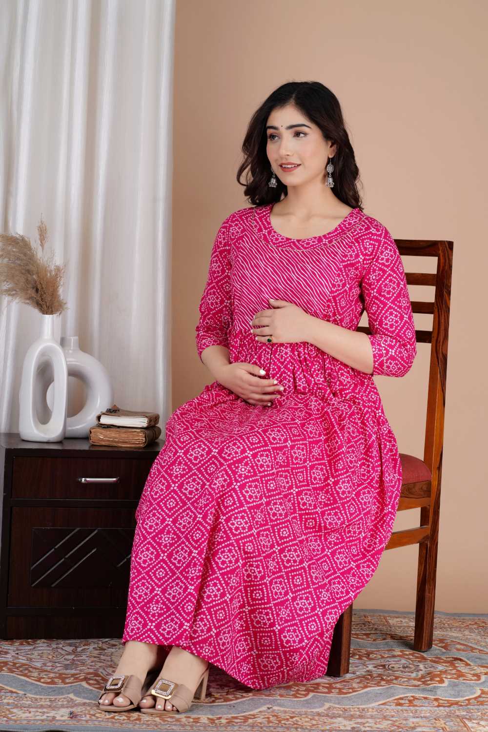 Edhitha Stunning Floral Printed Round Neck Cotton Fit & Flare Maternity Midi Dress