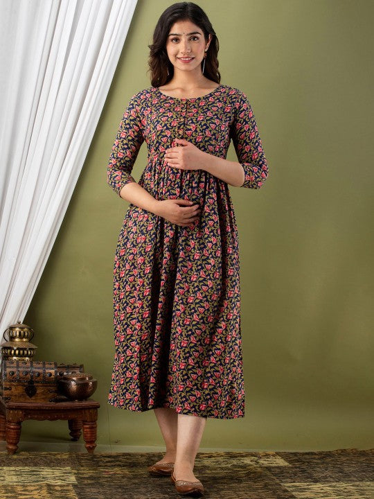 Lajita Stunning Floral Printed Round Neck Cotton Fit & Flare Maternity Midi Dress