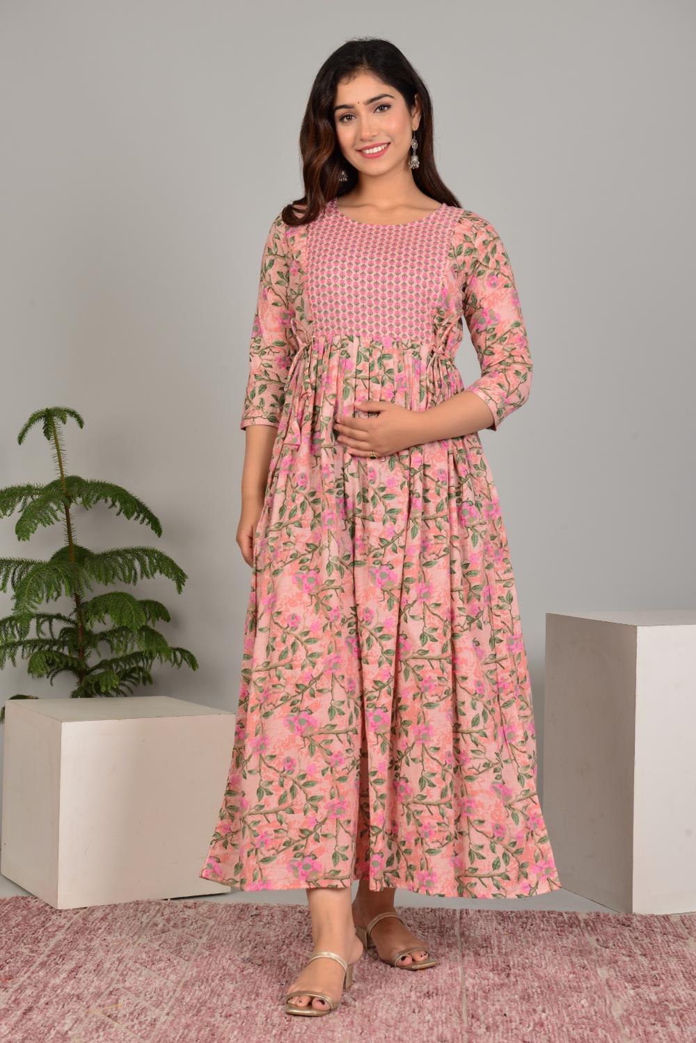 Eiravati Stunning Floral Printed Round Neck Cotton Fit & Flare Maternity Midi Dress