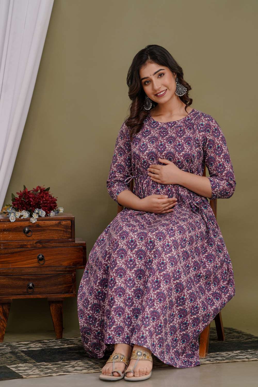 Ekanta Stunning Floral Printed Round Neck Cotton Fit & Flare Maternity Midi Dress