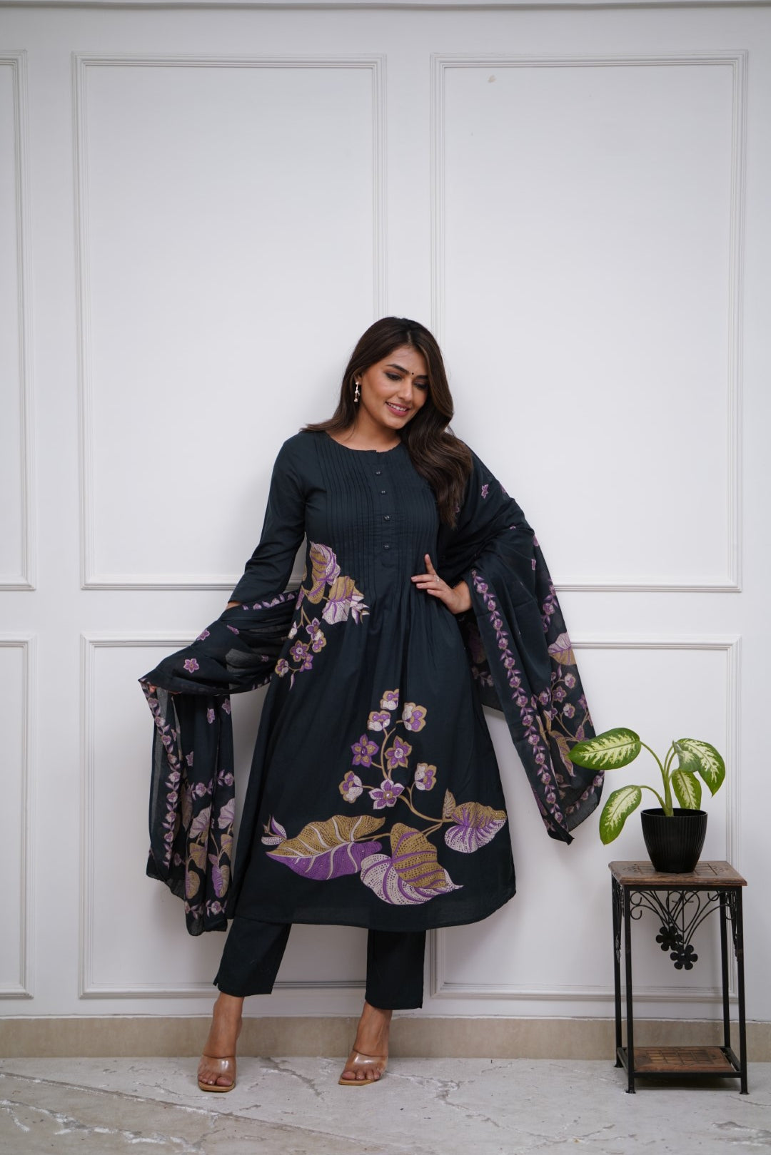 Aisha Floral Printed Design Work Mulmul Cotton Silk Kurta with Trousers & Dupatta Kurtisthan