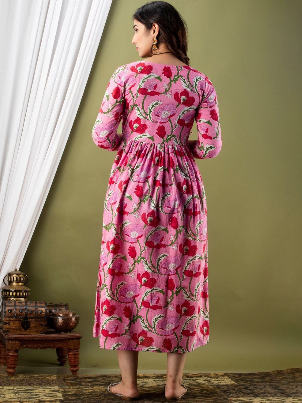 Pahal Stunning Floral Printed Round Neck Cotton Fit & Flare Maternity Midi Dress