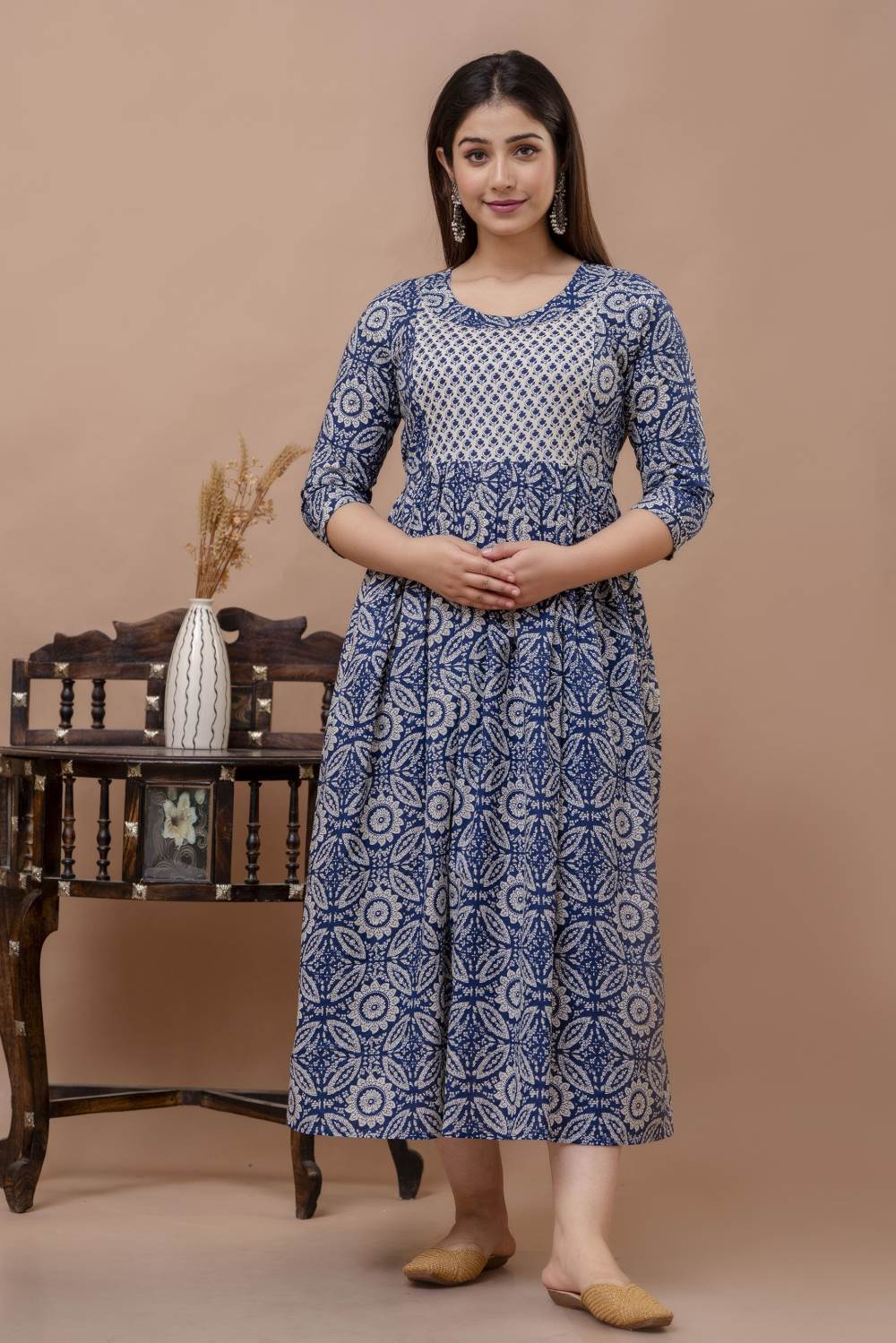 Dayita Stunning Floral Printed Round Neck Cotton Fit & Flare Maternity Midi Dress