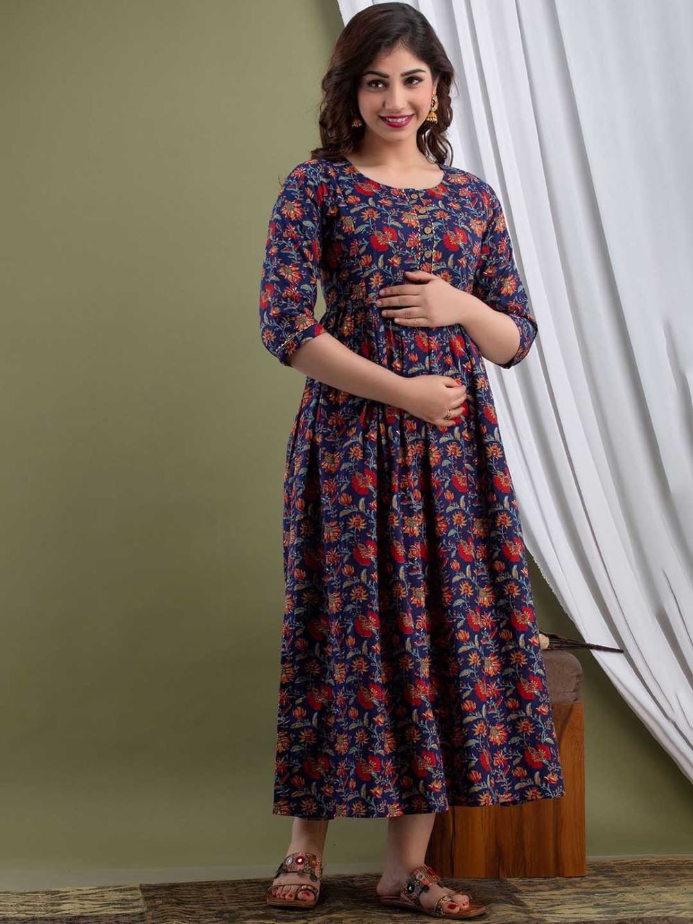 Lavanya Stunning Floral Printed Round Neck Cotton Fit & Flare Maternity Midi Dress