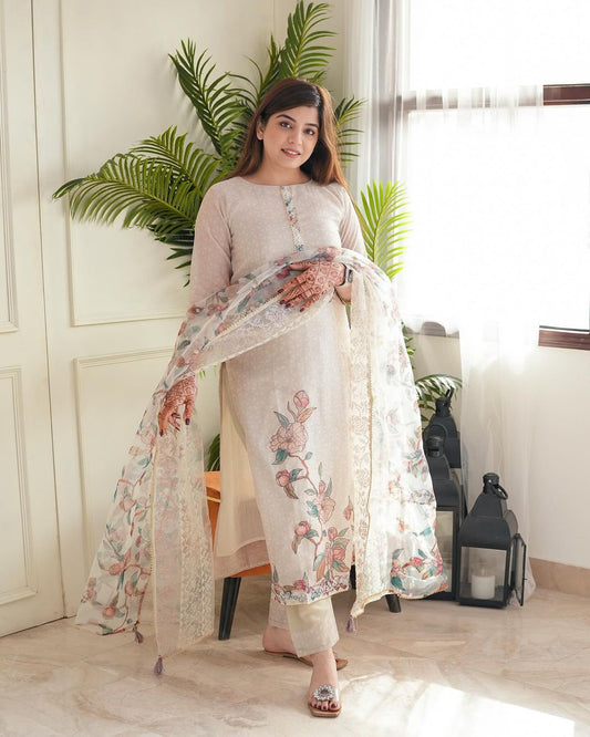 Shristhee Ethnic Embroidered Thread Work Printed Off White Shadow Kurta with Trousers & Dupatta Kurtisthan