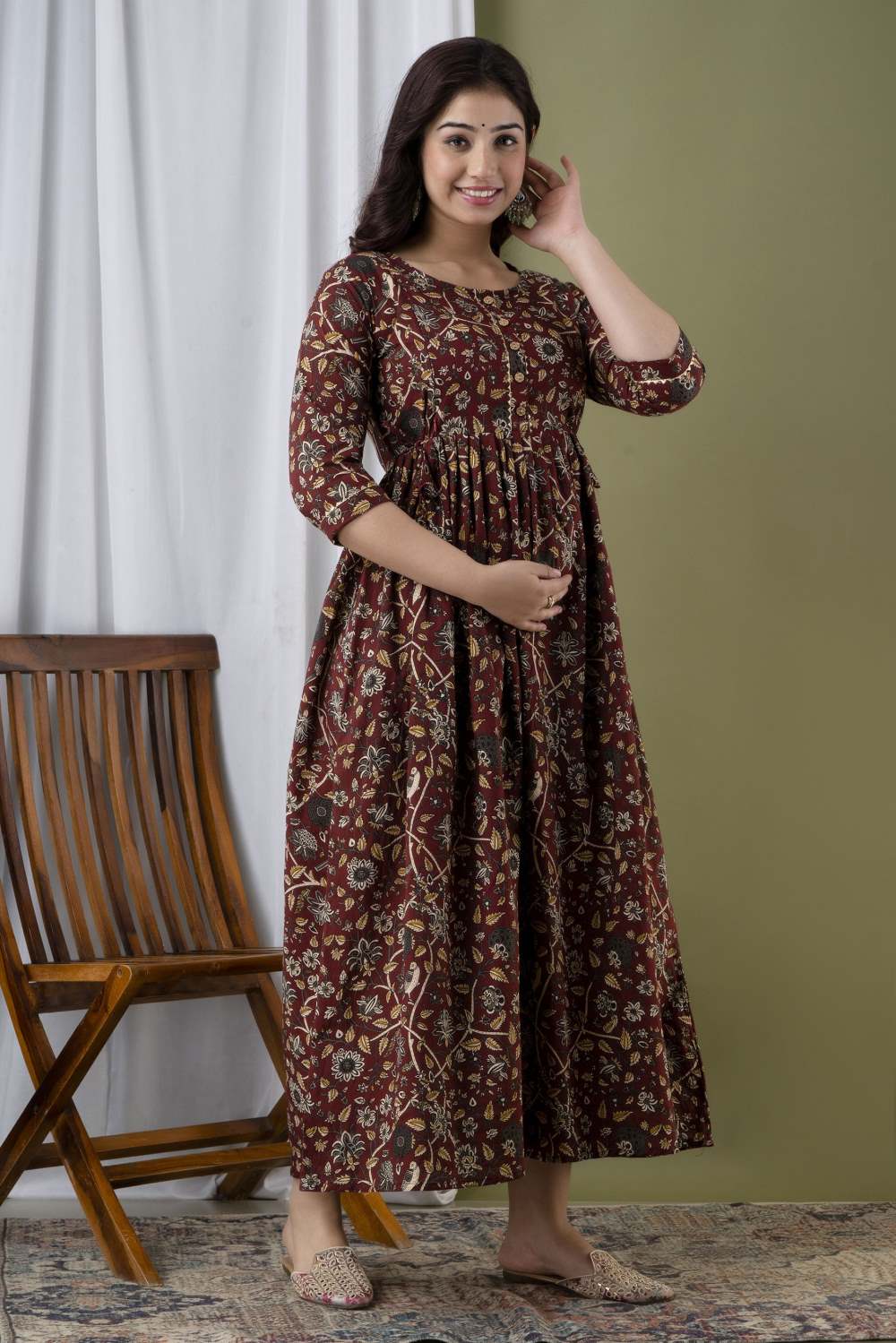 Falak Stunning Floral Printed Round Neck Cotton Fit & Flare Maternity Midi Dress