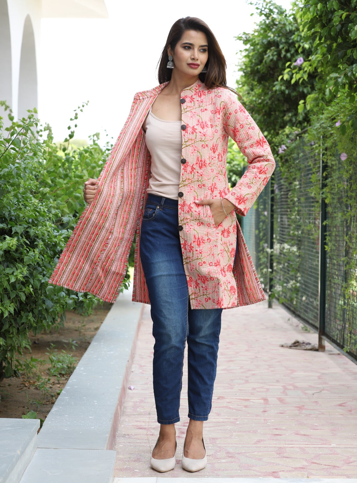 Reversible Cotton Printed Quilted Beige Jacket for Women & Girls