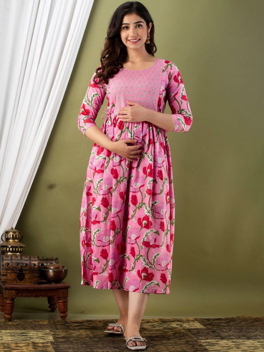 Pahal Stunning Floral Printed Round Neck Cotton Fit & Flare Maternity Midi Dress