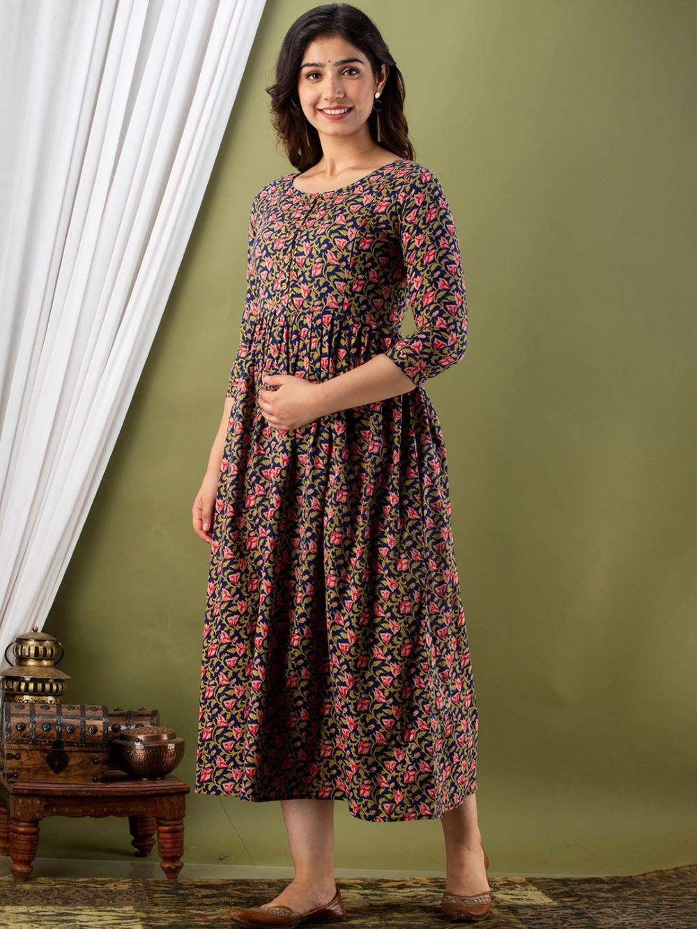 Lajita Stunning Floral Printed Round Neck Cotton Fit & Flare Maternity Midi Dress