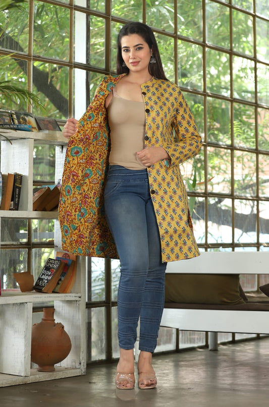 Reversible Cotton Printed Quilted Yellow Jacket for Women & Girls