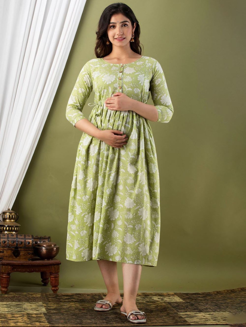 Hamsini Stunning Floral Printed Round Neck Cotton Fit & Flare Maternity Midi Dress