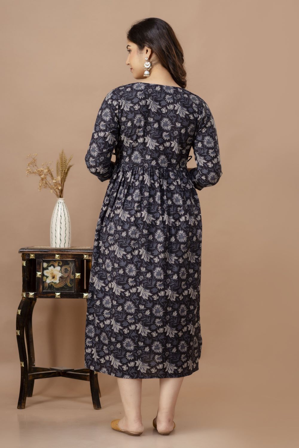 Bhavya Stunning Floral Printed Round Neck Cotton Fit & Flare Maternity Midi Dress