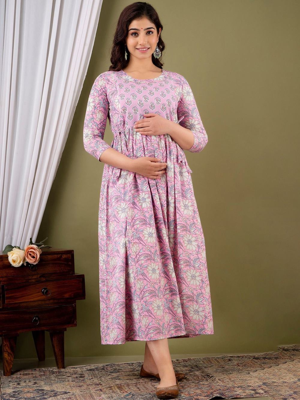 Rachita Stunning Floral Printed Round Neck Cotton Fit & Flare Maternity Midi Dress