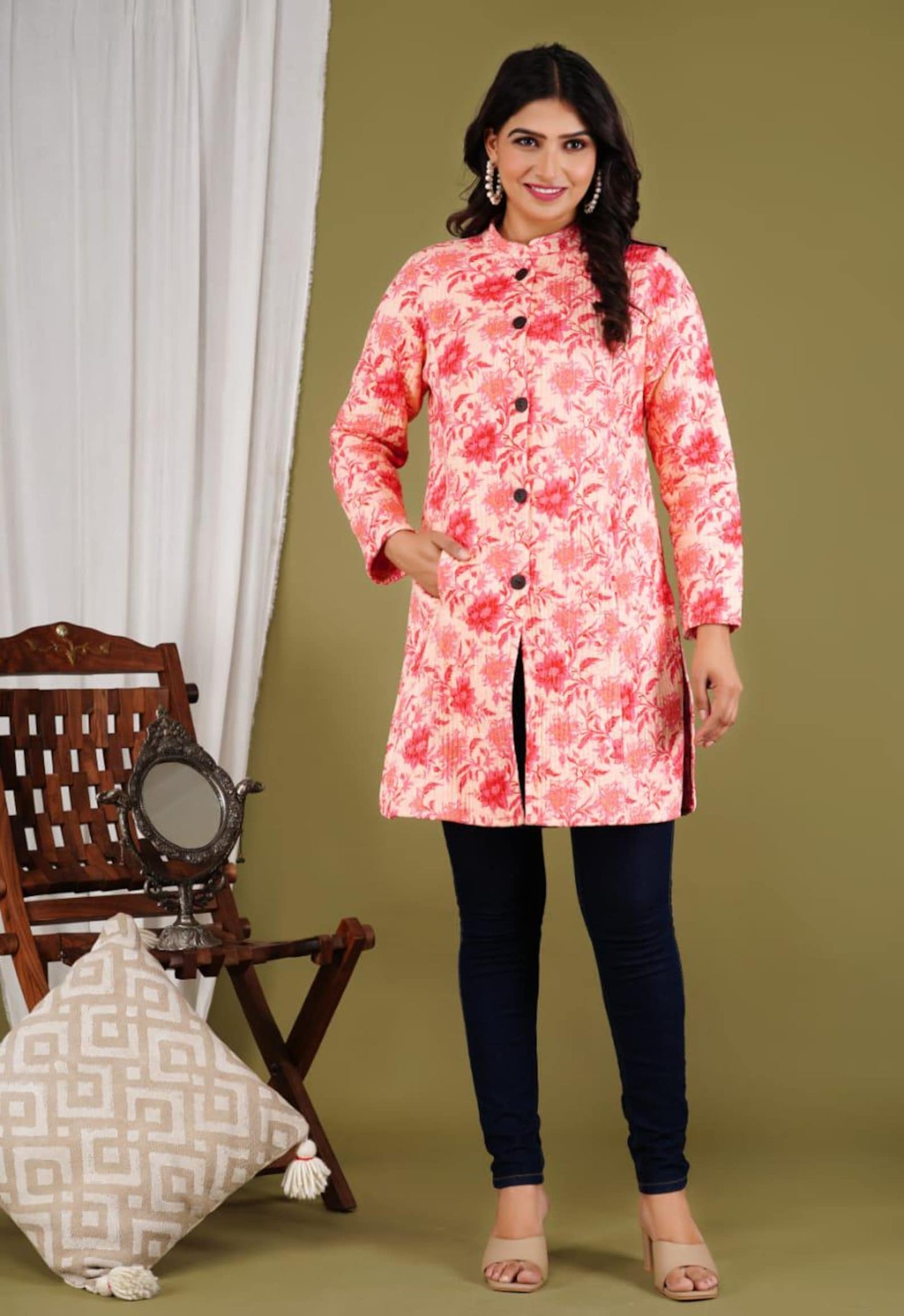 Reversible Cotton Printed Quilted Pink Jacket for Women & Girls