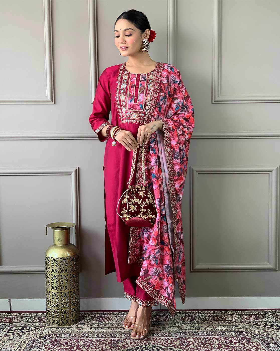 Ruhaani Floral Embroidered Design Work Chanderi Silk Kurta with Trousers & Dupatta Kurtisthan