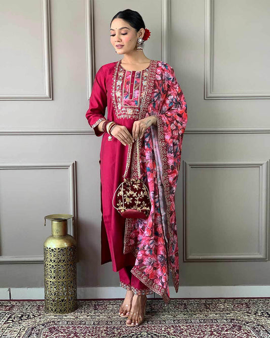 Ruhaani Floral Embroidered Design Work Chanderi Silk Kurta with Trousers & Dupatta Kurtisthan