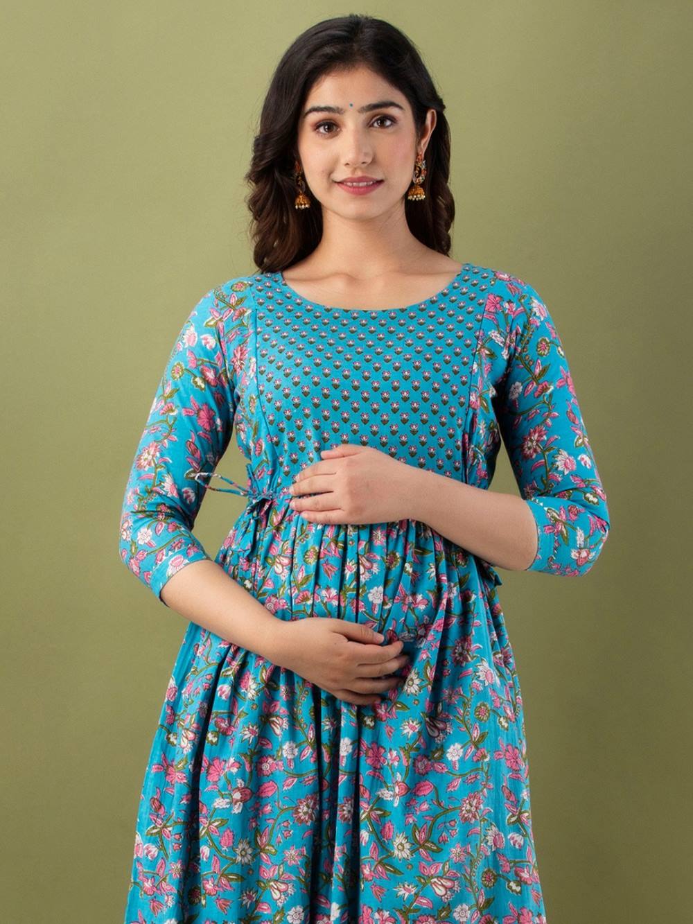 Pushti Stunning Floral Printed Round Neck Cotton Fit & Flare Maternity Midi Dress