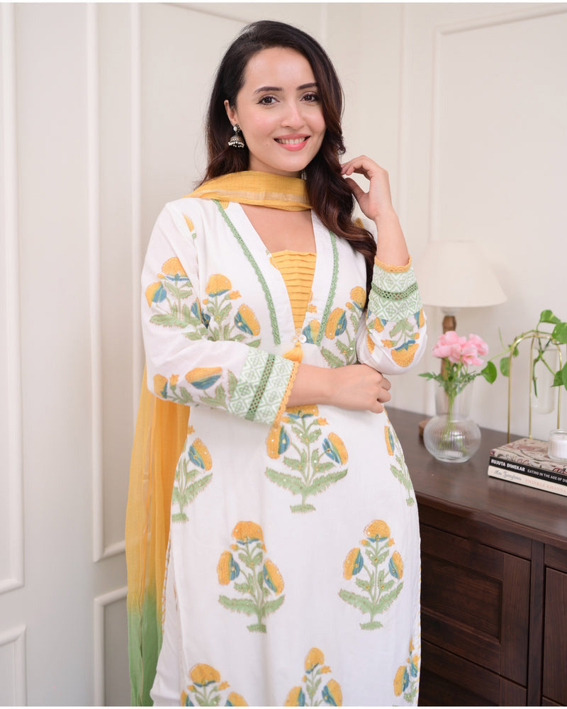 Malashri Beautiful Designer Floral Print Chanderi Cotton Suit set with Pant & Dupatta Kurtisthan