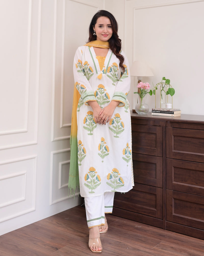 Malashri Beautiful Designer Floral Print Chanderi Cotton Suit set with Pant & Dupatta Kurtisthan