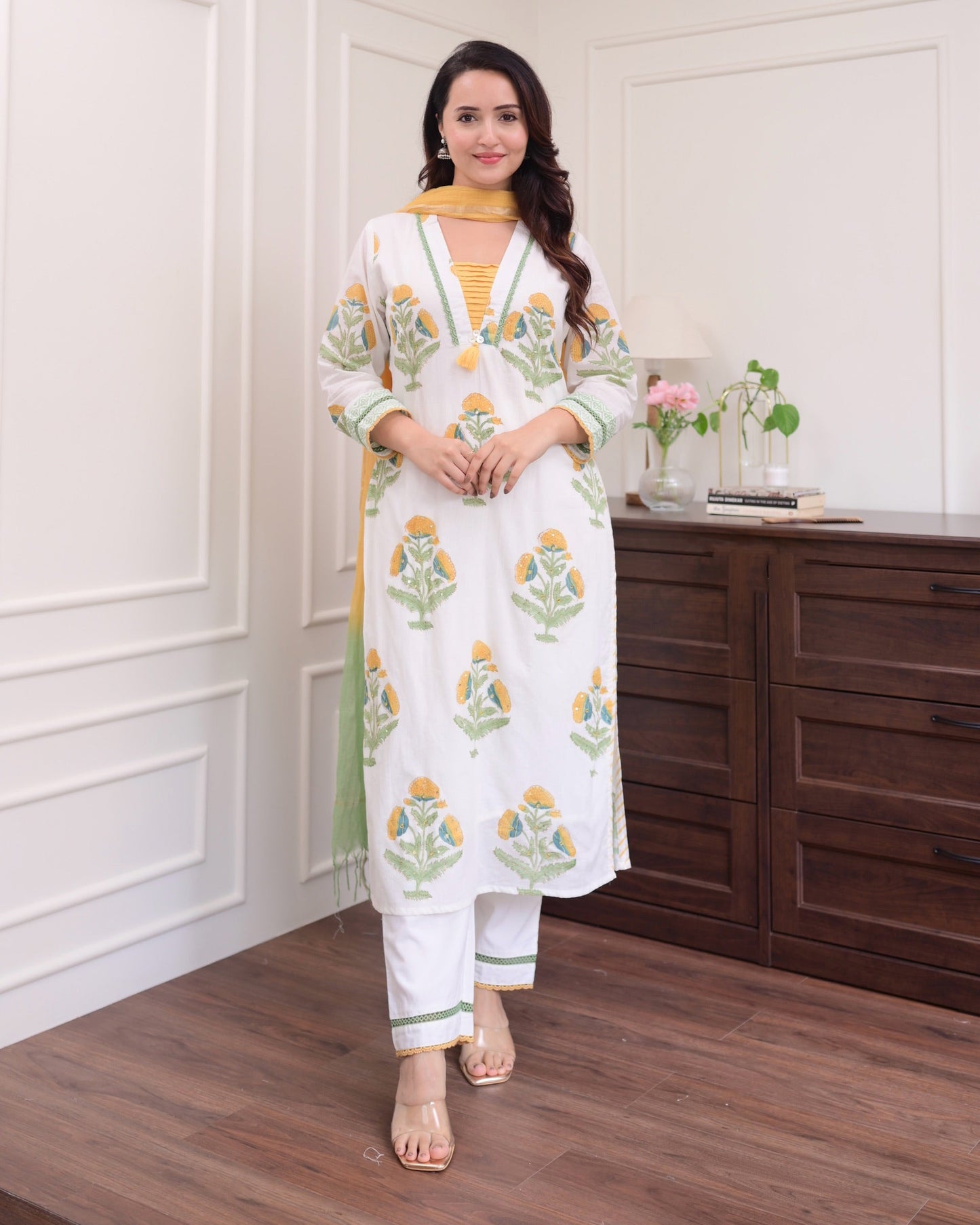 Malashri Beautiful Designer Floral Print Chanderi Cotton Suit set with Pant & Dupatta Kurtisthan