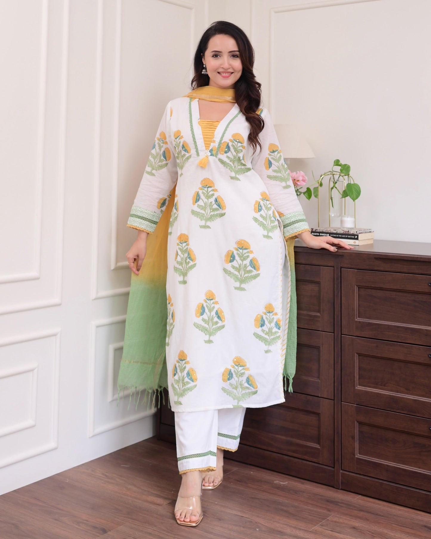 Malashri Beautiful Designer Floral Print Chanderi Cotton Suit set with Pant & Dupatta Kurtisthan