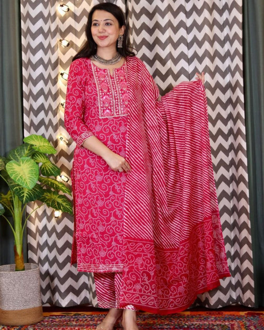 Aabha Beautiful Designer Floral Embroidered & Printed Cotton Suit set with Pant & Dupatta Kurtisthan