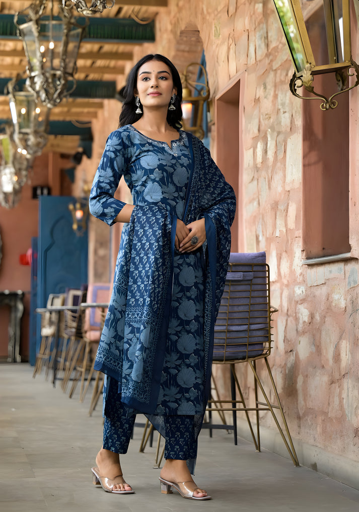 Baani Floral Printed Design Work Heavy Cotton Silk Kurta with Pant & Dupatta Kurtisthan