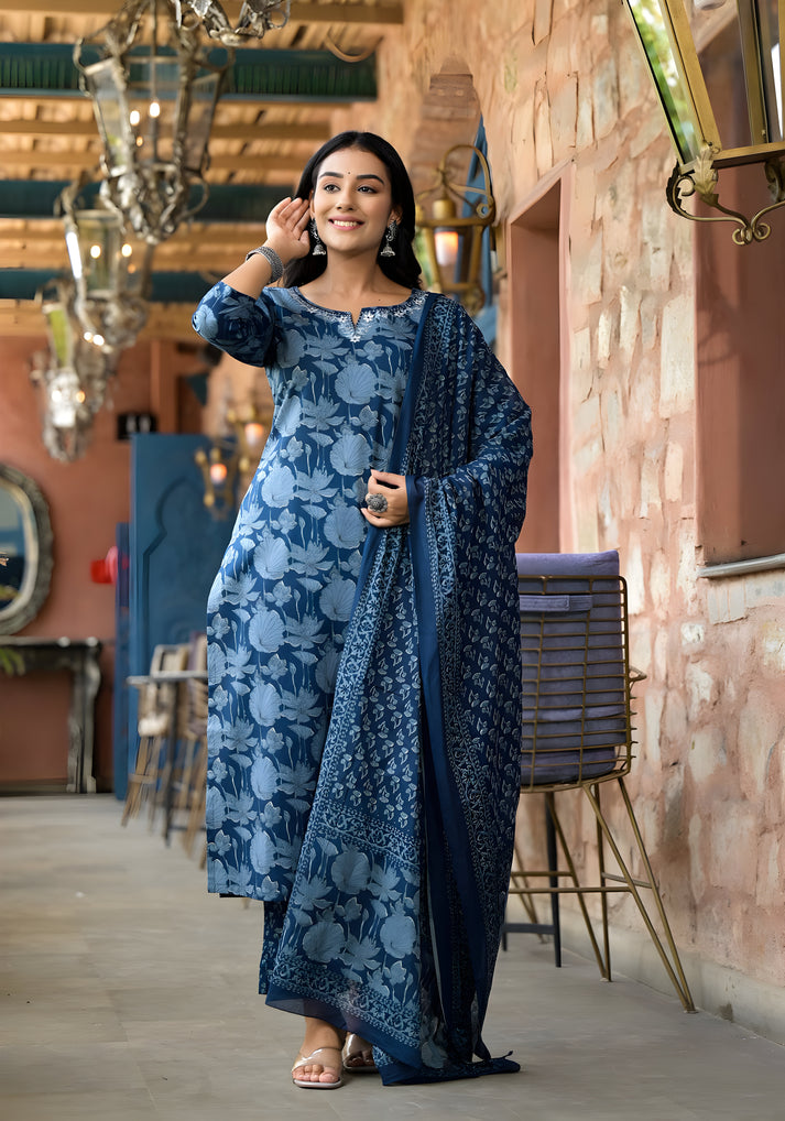 Baani Floral Printed Design Work Heavy Cotton Silk Kurta with Pant & Dupatta Kurtisthan