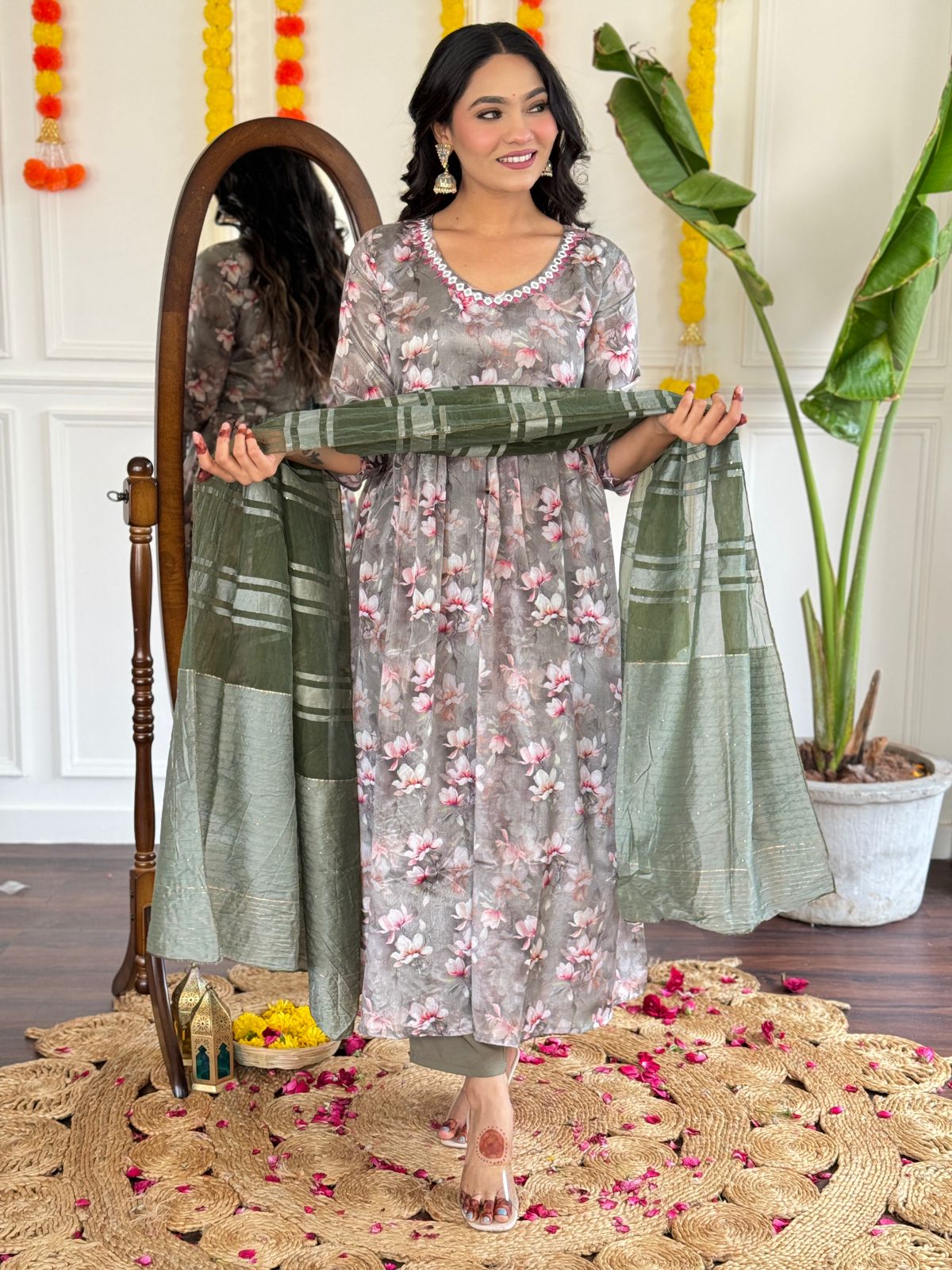 Aditi Beautiful Designer pattern Floral Digital Printed suit set with Pant & Dupatta Kurtisthan