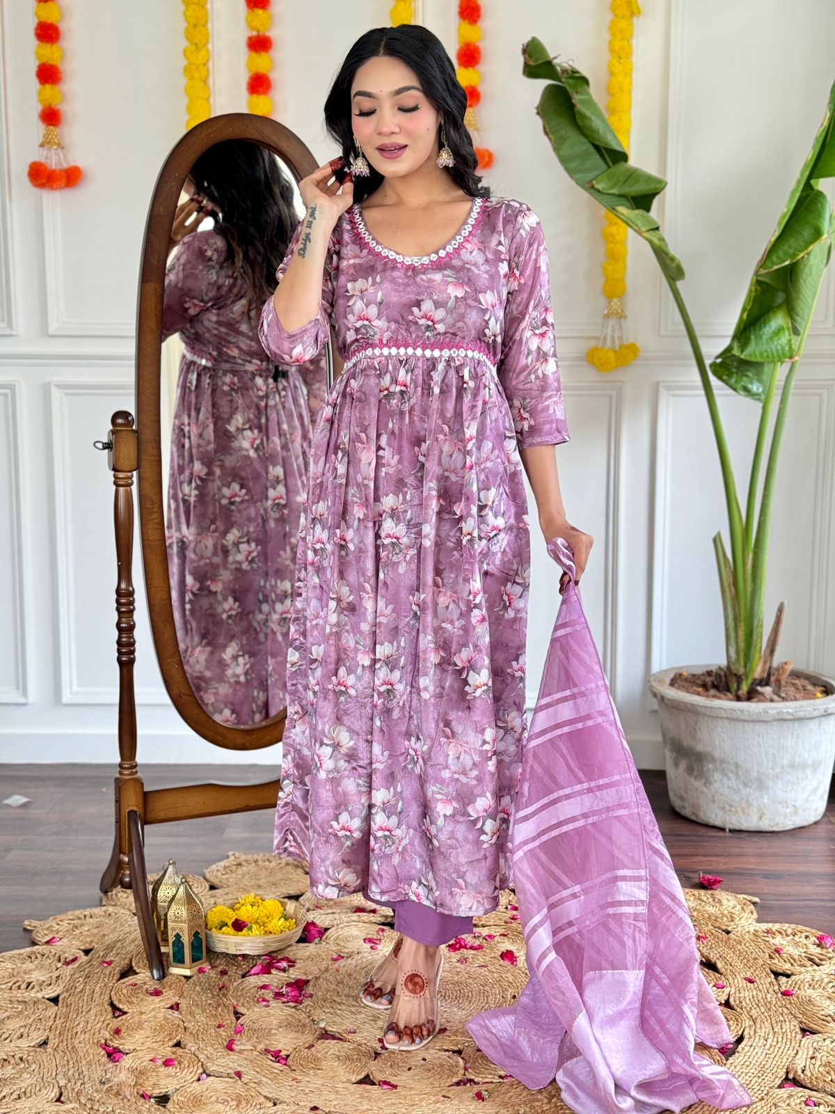 Aditi Beautiful Designer pattern Floral Digital Printed suit set with Pant & Dupatta Kurtisthan