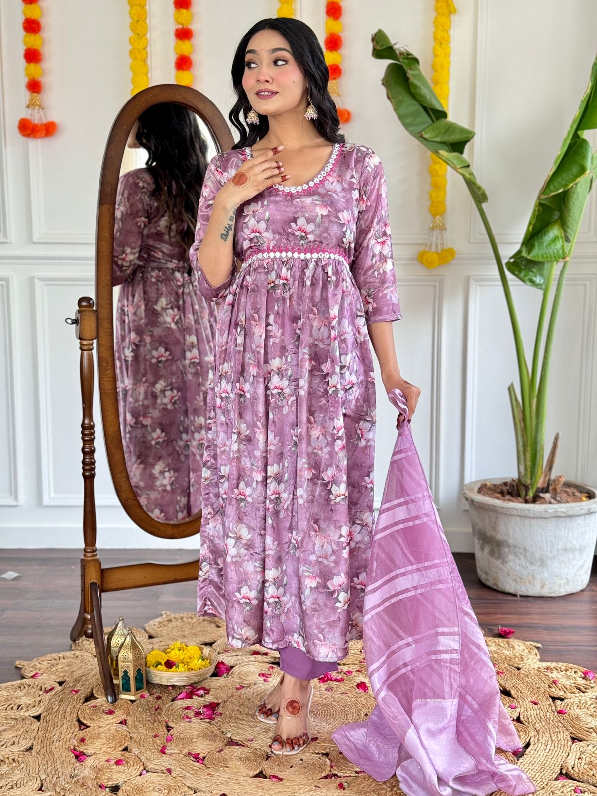 Aditi Beautiful Designer pattern Floral Digital Printed suit set with Pant & Dupatta Kurtisthan