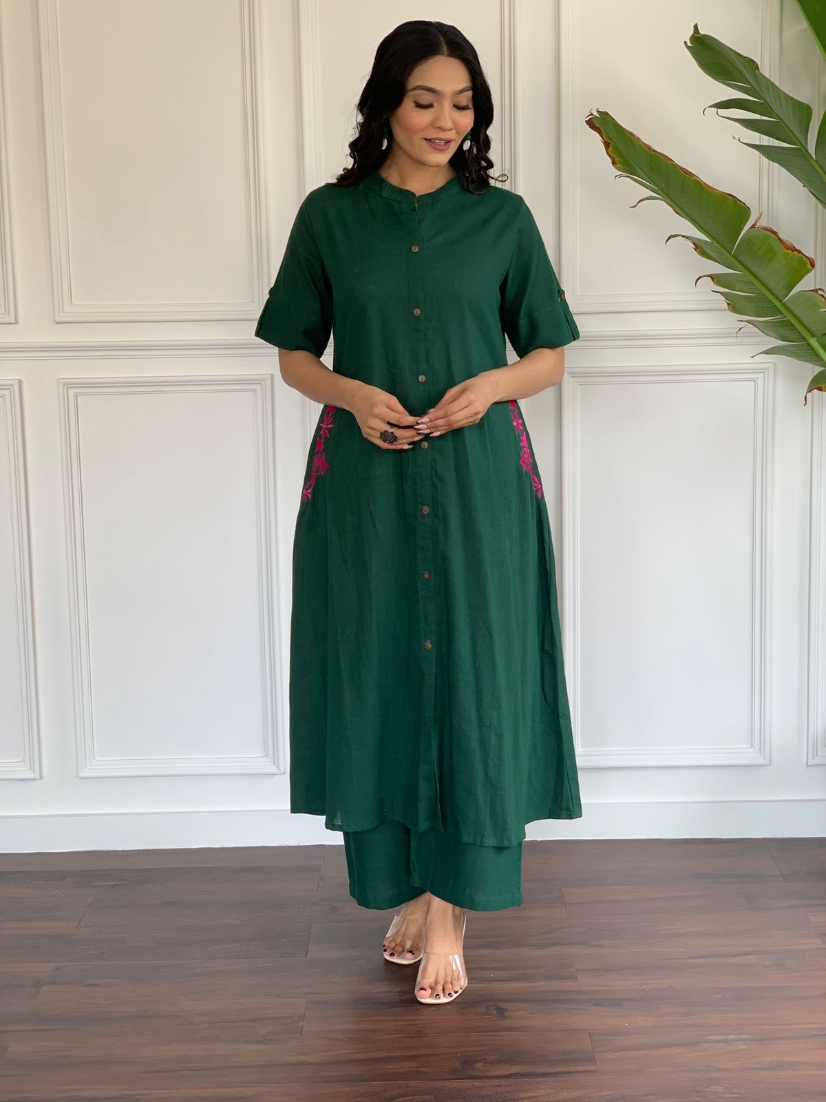 Pranita Dark Green Floral Embroidered South Cotton Kurta and Palazzo Set with two Side Pocket Kurtisthan