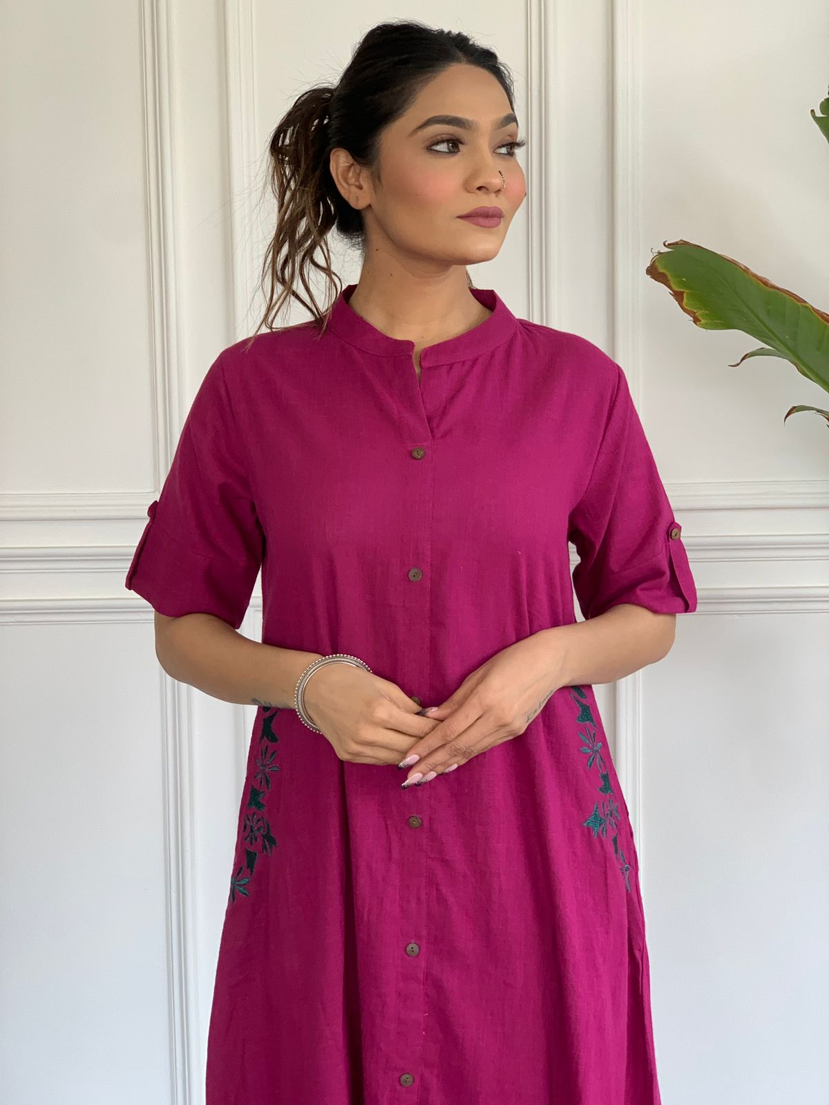 Luvita Imperial Purple Floral Embroidered South Cotton Kurta and Palazzo Set with two Side Pocket Kurtisthan