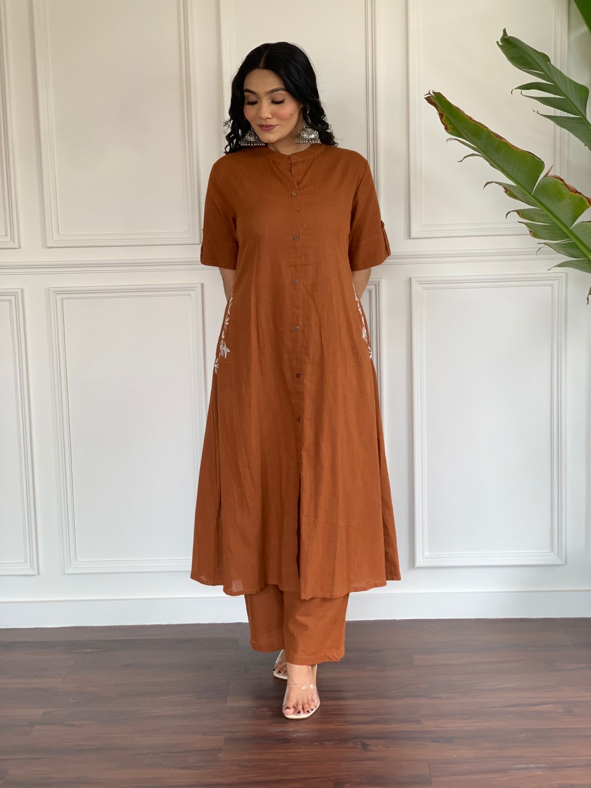 Ankita Brown Floral Embroidered South Cotton Kurta and Palazzo Set with two Side Pocket Kurtisthan