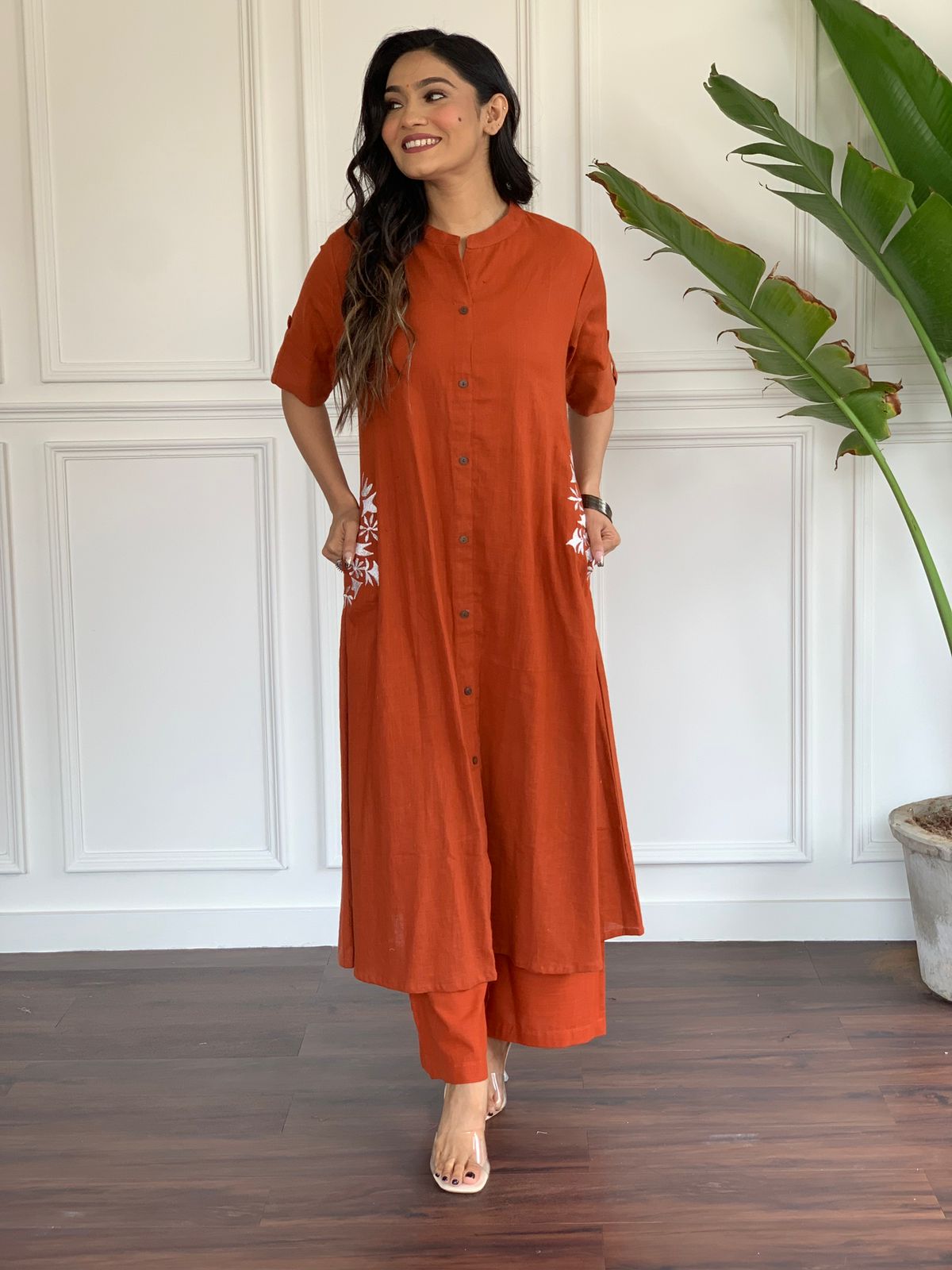 Nikita Chinese Red Floral Embroidered South Cotton Kurta and Palazzo Set with two Side Pocket Kurtisthan