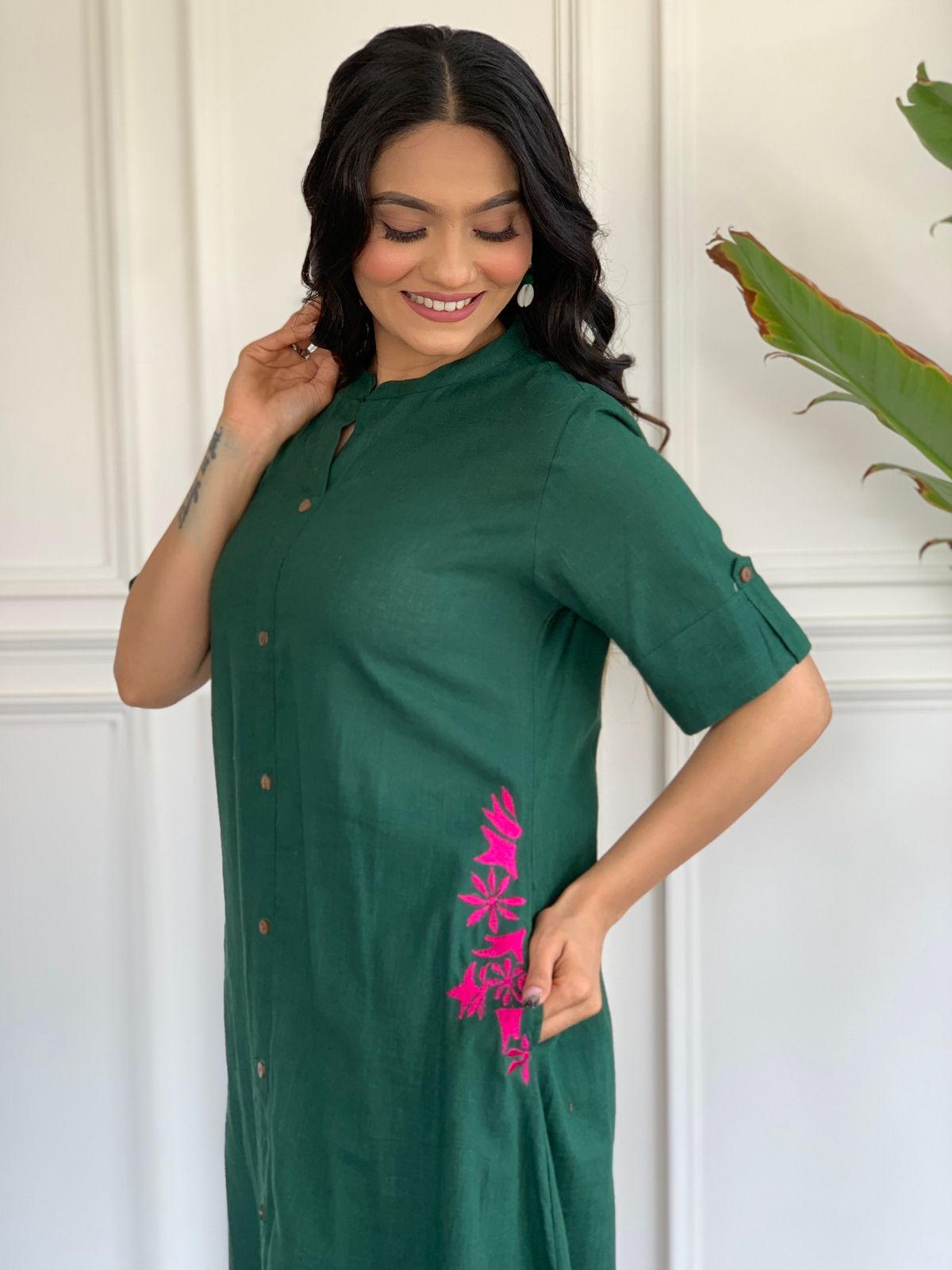 Pranita Dark Green Floral Embroidered South Cotton Kurta and Palazzo Set with two Side Pocket Kurtisthan