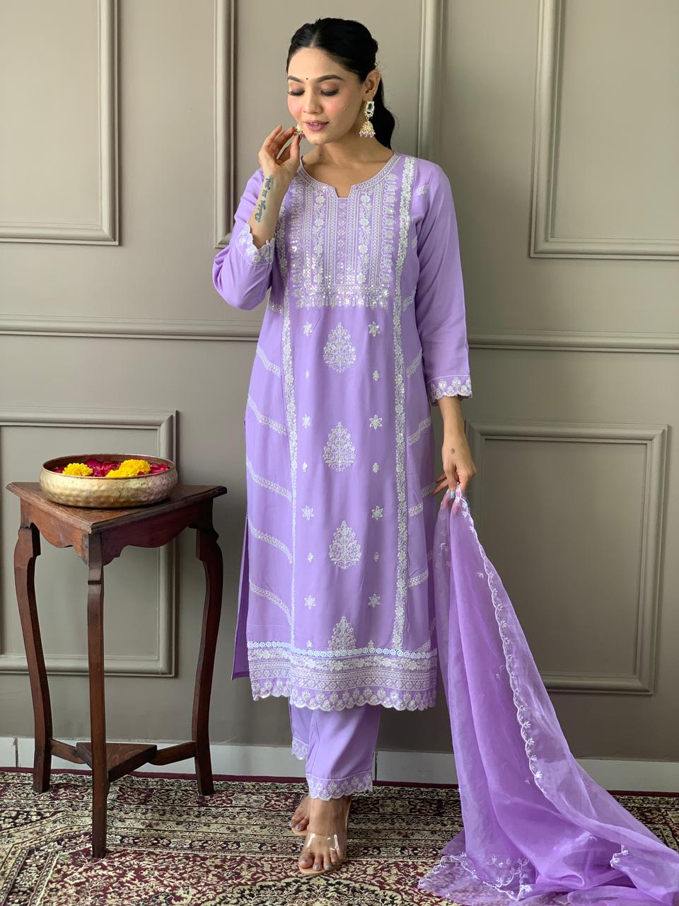 Nidhi Beautiful Floral Embroidery Design Work Rayon Kurta with Trousers & Dupatta Kurtisthan