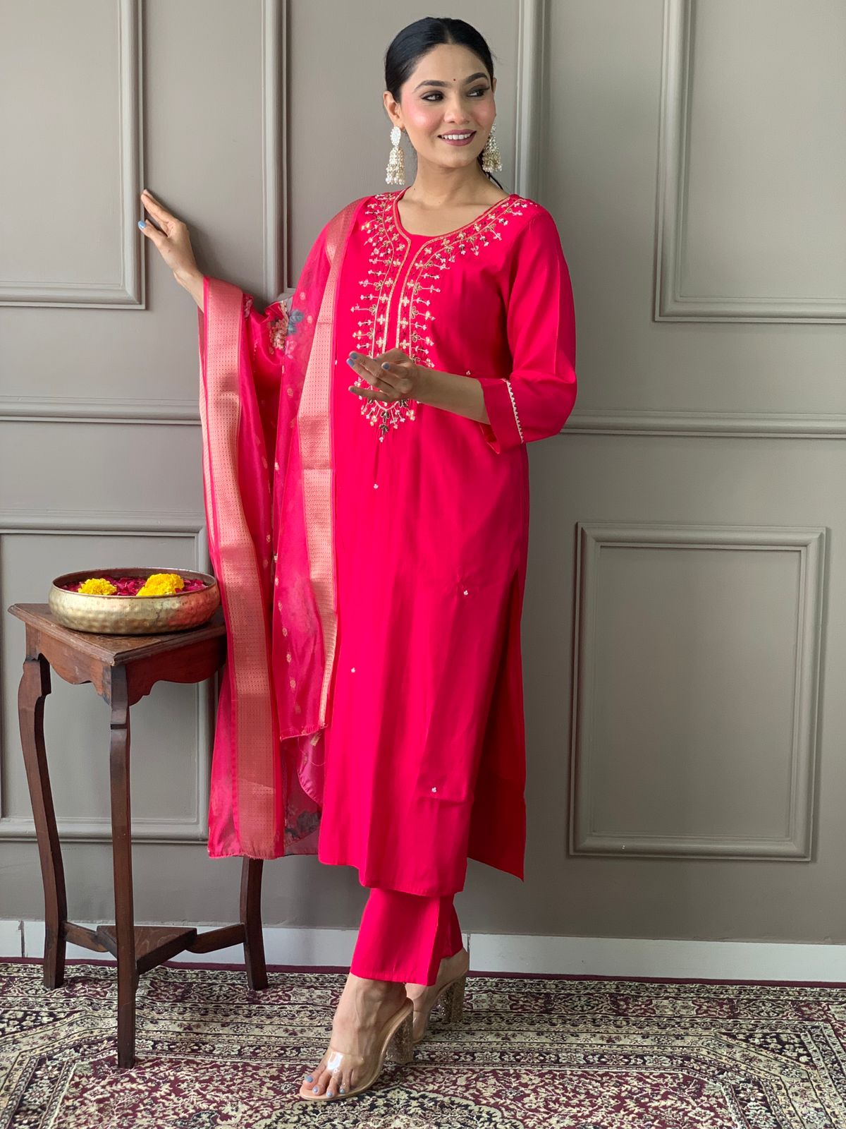 Esha Floral Embroidery Muslin Fabric Kurta Suit Set with Pant and jacquard Chanderi Digital print Dupatta Kurtisthan