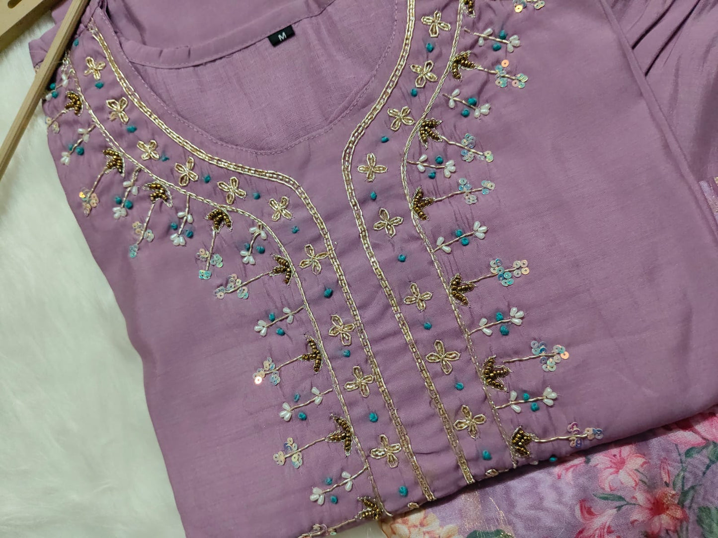Esha Floral Embroidery Muslin Fabric Kurta Suit Set with Pant and jacquard Chanderi Digital print Dupatta Kurtisthan