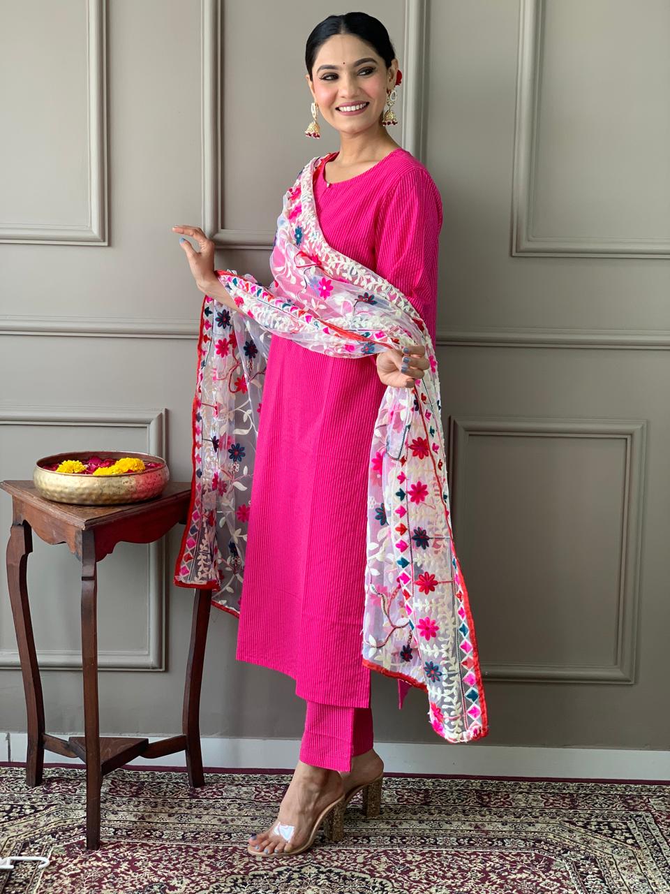 Anushka Beautiful Cotton Kantha Suit set with Pant & premium embroidery Net Dupata Kurtisthan