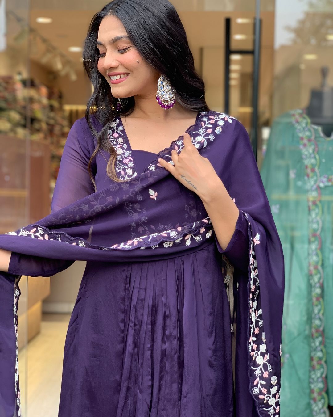 Cakshaya Jacarta Puple Embroidery Mulmul Cotton Anarkali Suit Set with Pant and Dupatta Kurtisthan