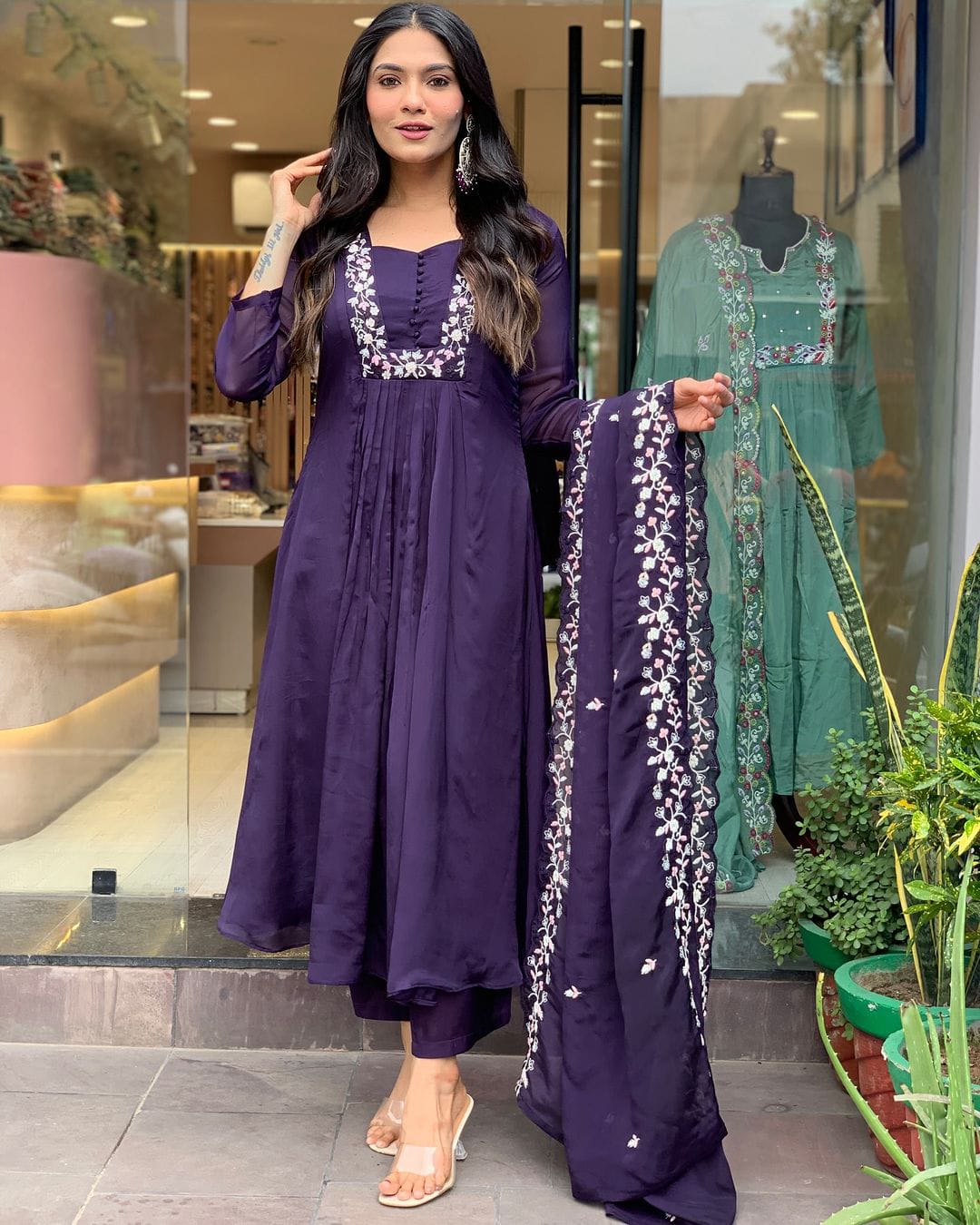 Cakshaya Jacarta Puple Embroidery Mulmul Cotton Anarkali Suit Set with Pant and Dupatta Kurtisthan