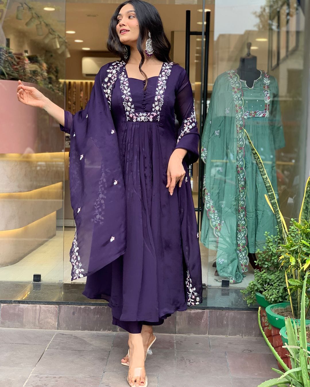 Cakshaya Jacarta Puple Embroidery Mulmul Cotton Anarkali Suit Set with Pant and Dupatta Kurtisthan