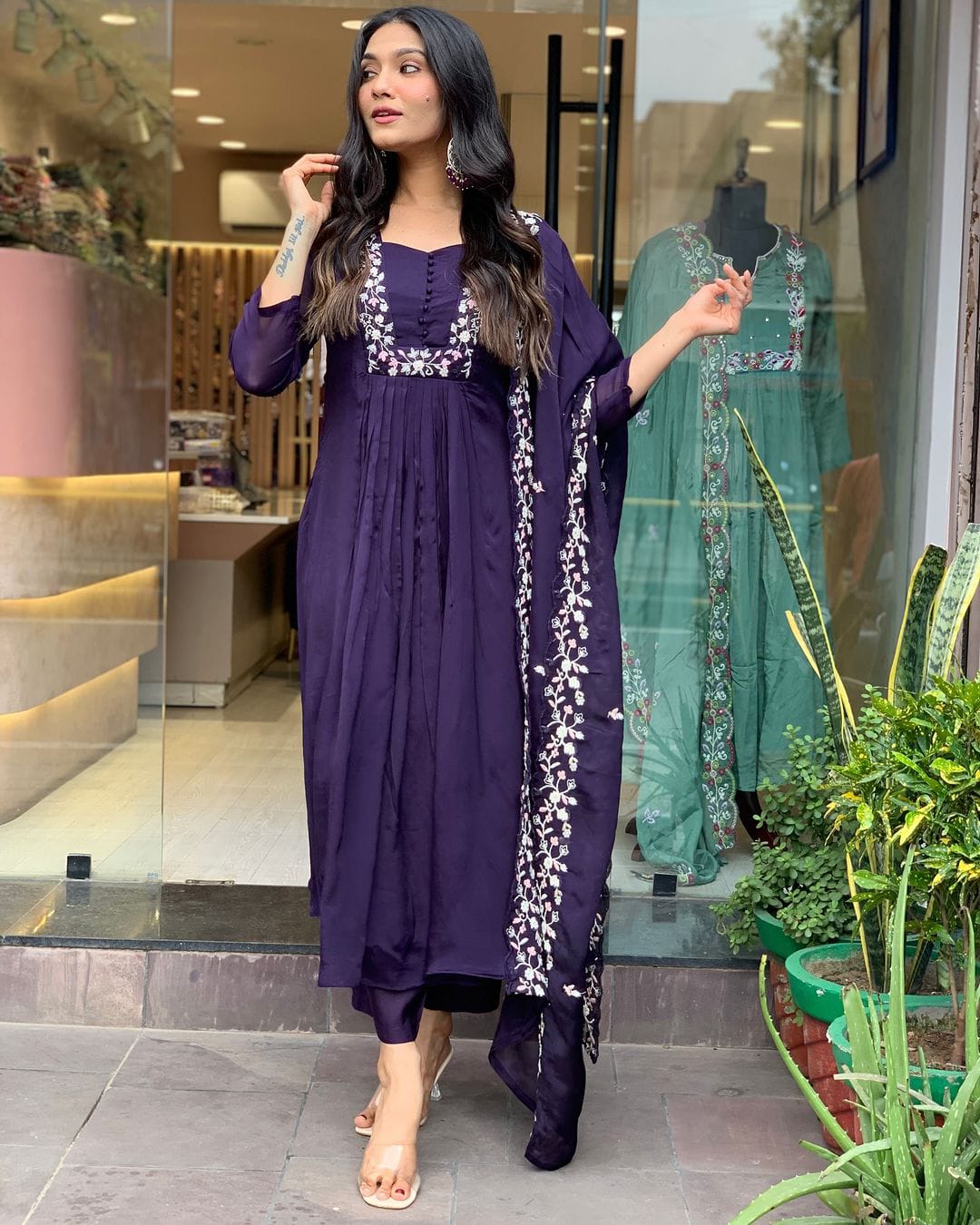 Cakshaya Jacarta Puple Embroidery Mulmul Cotton Anarkali Suit Set with Pant and Dupatta Kurtisthan